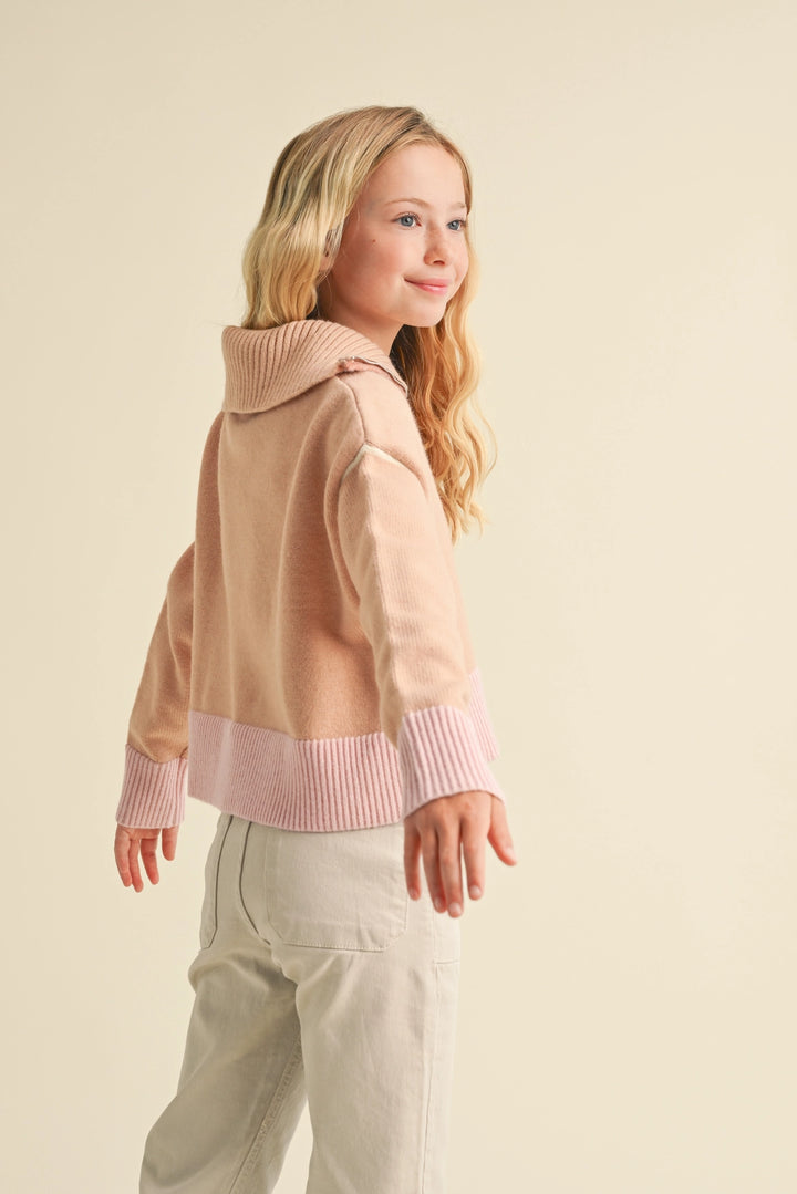 Tween Kids Girls Half Zip Sailor Collar Sweater